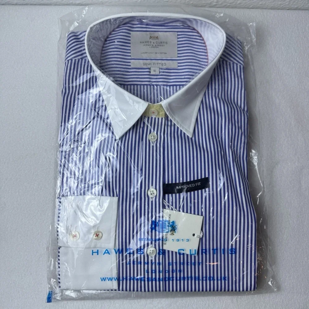 New Hawes & Curtis Woman's Semi Fitted Blue And White Striped Shirt UK 16 US 12